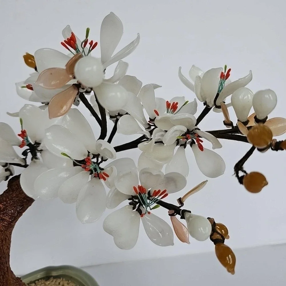 Vintage‎ Chinese Glass Bonsai Tree White Flower Celadon Pot Chinoiserie Decor